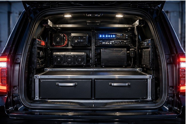 Organized electronics and equipment integration in a vehicle cargo area