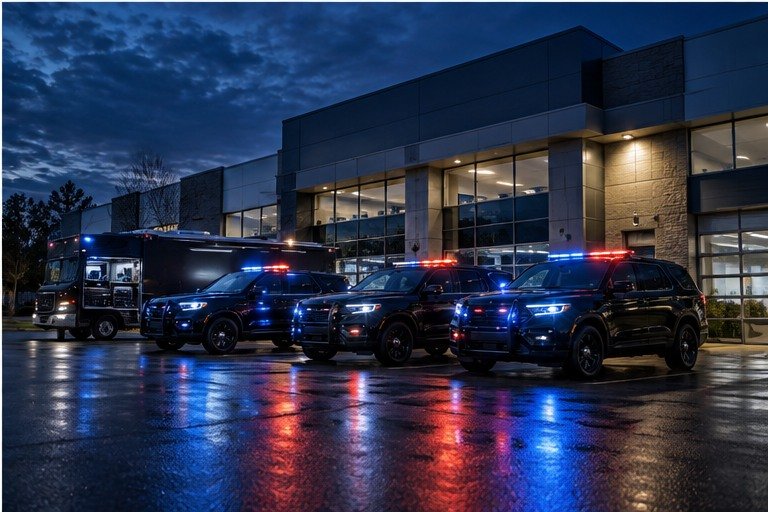 Fleet of emergency response vehicles outside an operations facility